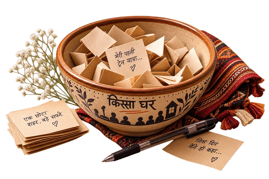 The actual Qissa Ghar bowl, filled with folded paper chits